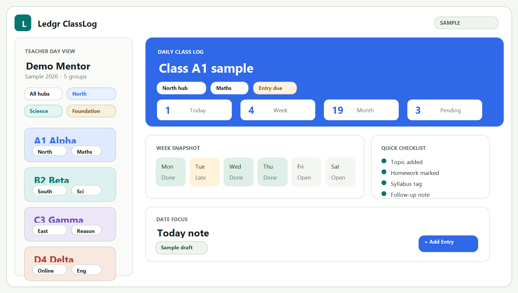 Sample ClassLog teacher workspace showing a demo class log board, filters and add-entry action